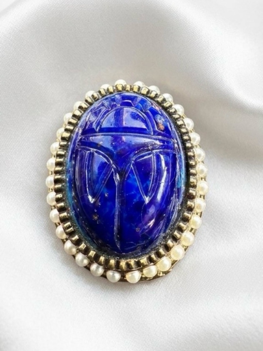 Vintage Egyptian Revival Scarab Faux Lapis Pearl Brooch